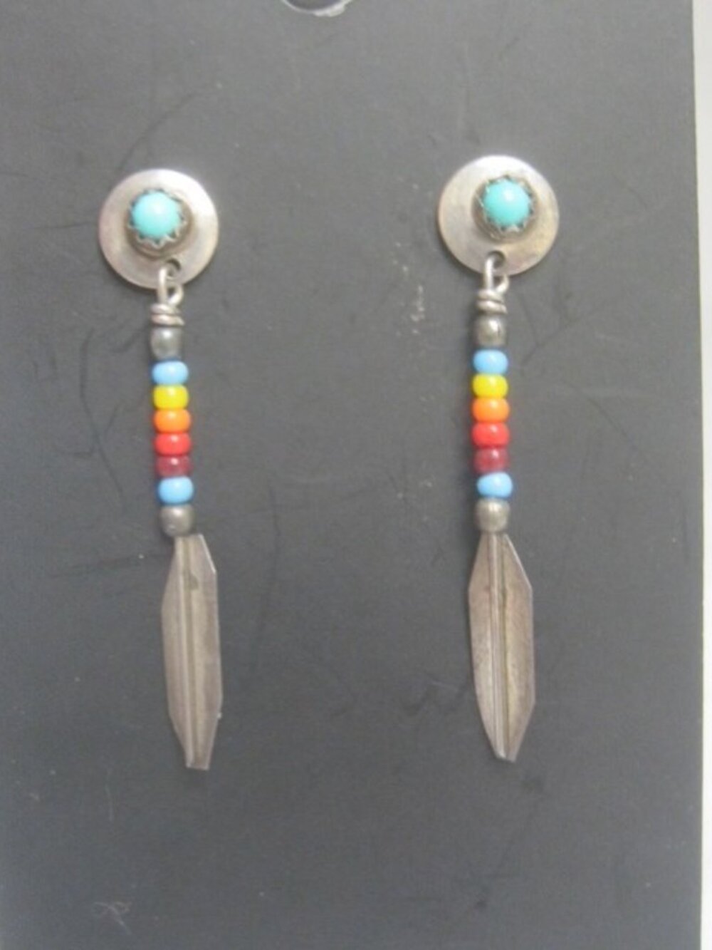 Sterling Silver Turquoise & Rainbow Bead Feathers Dangle Drop Earrings